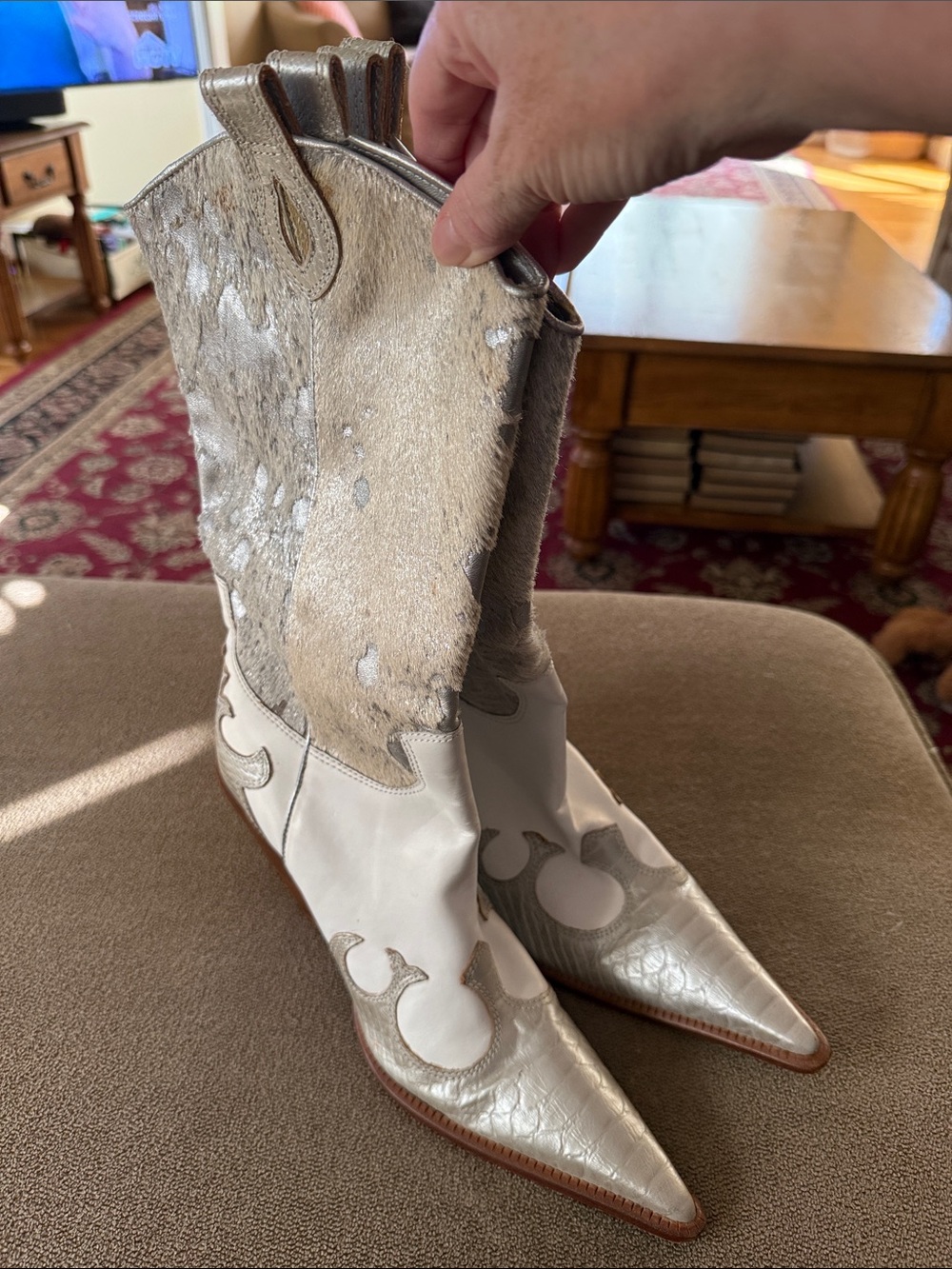 Para Raio White Silver Leather Pointed Toe Cowgirl Boots Women's 9 (TD)